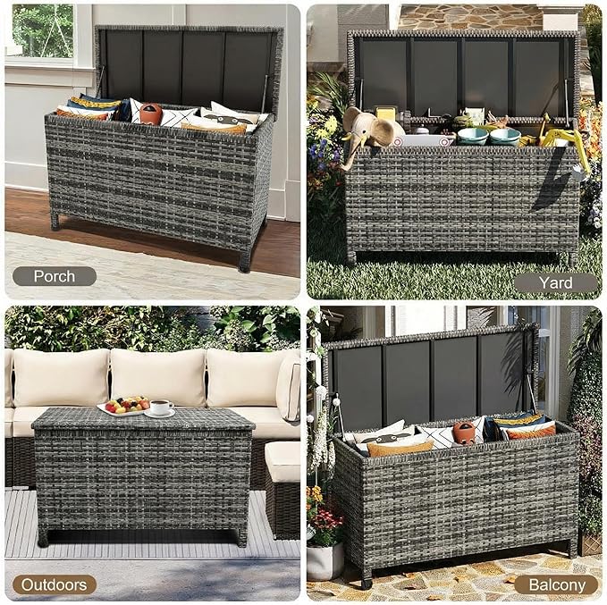 Wicker Deck Box, 185 Gallon All-Weather Outdoor Storage Box, Rattan Storage Bin for Patio Furniture, Outdoor Cushions, Pool Storage and Garden Tools, Grey
