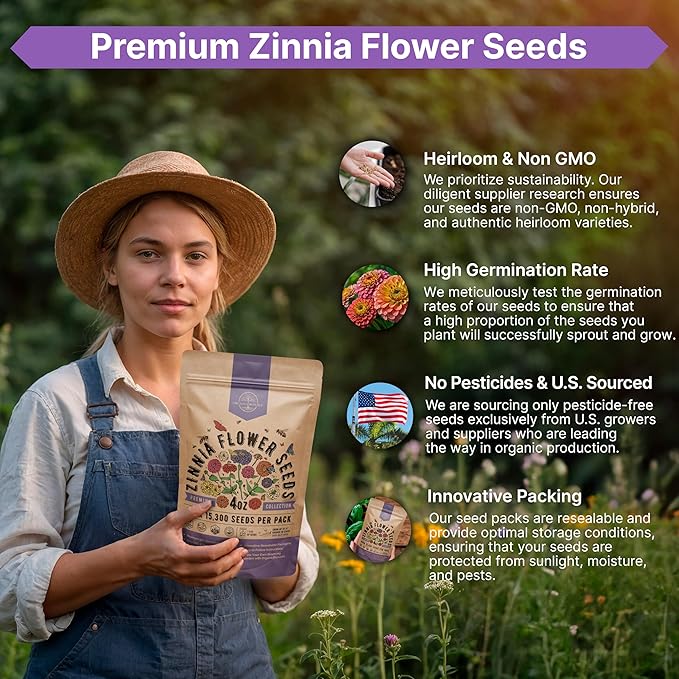 Zinnia Seeds Pack 4 oz - Over 15,300 Non-GMO Heirloom Zinnia Seeds for Planting, Annual Flowers in Individual Seed Packet for Planting Home Garden Indoor & Outdoor Gardening (Pack of 2)