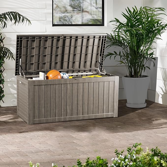 Outdoor Storage Box 275GAL Waterproof Resin Deck Box,Pool Accessories Supplies,UV-Resistant Lockable Package Delivery Bin for Garden Tools,Large Patio Outside Cushions,Chest,Furniture,Grey