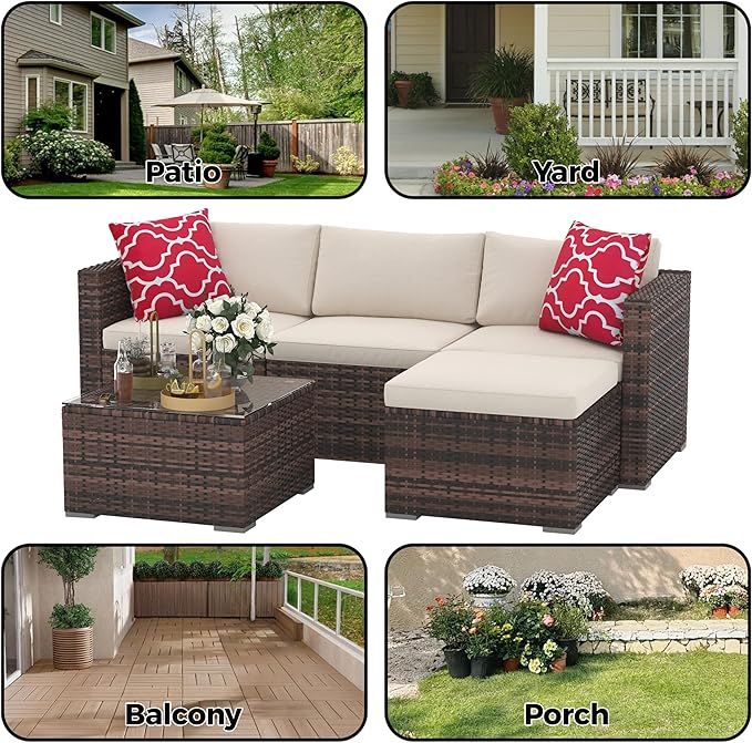 GAOMON Patio Furniture Sets 5 Pieces, PE Wicker Modern Patio Conversation Set with Storage Cushions for Poolside, Deck, Balcony (Brown/Beige)