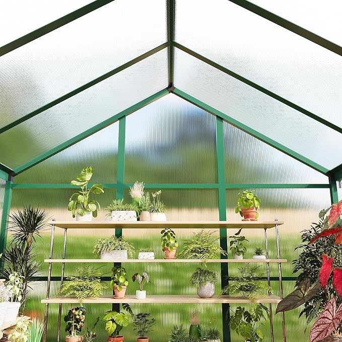 8X12 ft Greenhouse for Outdoors, Walk-in Greenhouse Kit with Aluminum Frame, Polycarbonate Panels, Adjustable Roof Vent, Sliding Door, Secure Lock for Outside Garden, Patio, Backyard