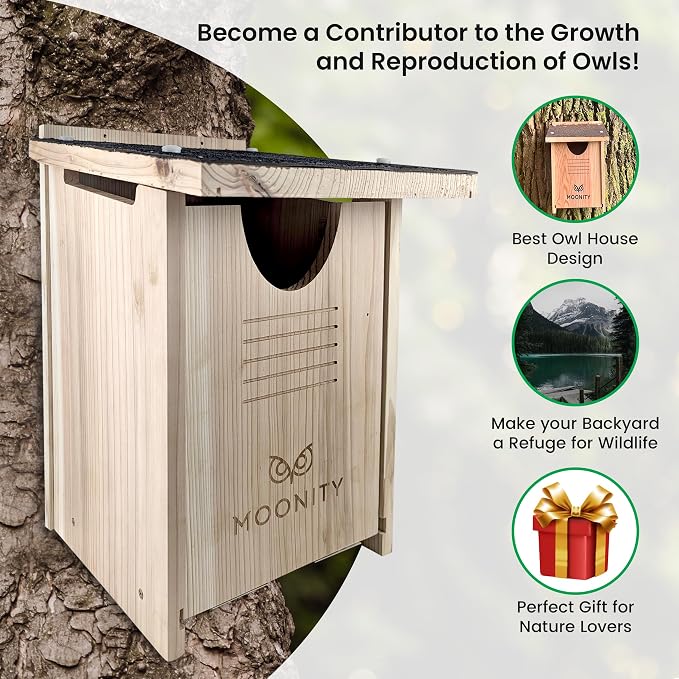 MOONITY Large Premium Cedar Owl House - 16" x 12" x 11" Weatherproof Nesting Box for Screech, Kestrel & More – Durable, Safe & Easy to Install