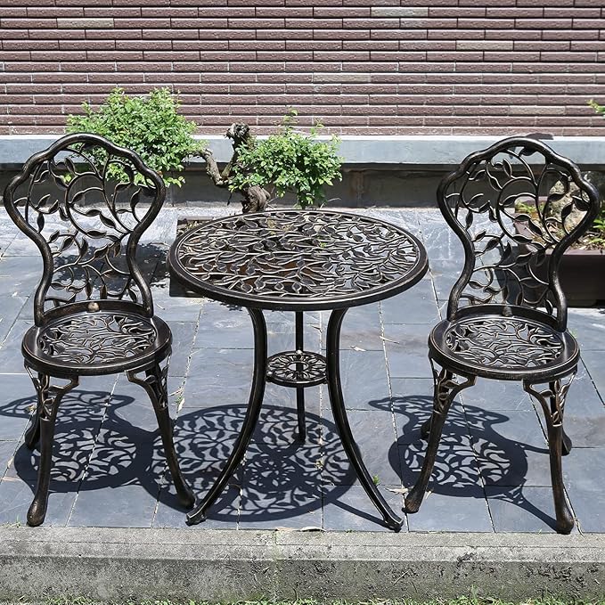 JARDIN DE CENTENNIAL Patio Bistro Set.Rust-Resistant Cast Aluminum Bistro Table Set with Umbrella Hole for Backyard (Leaf DESIGNCOPPER)