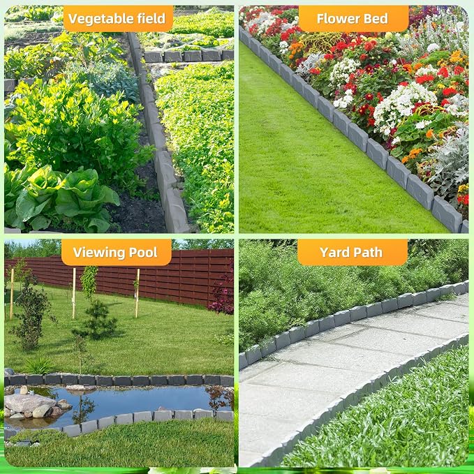 8Pcs Landscape Edging with 24 Pieces 8-Inch Spikes | for Flower Beds, Tree Rings, Pathways | Garden Edging Border Stone 12ft Long, 3-Inch Tall,Faux Stone Edging for Landscaping (Dark Grey)