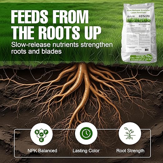 Slow Release Lawn Fertilizer 25-5-10 NPK - 65% Granular Nitrogen Formula for Deep Feeding up to 110 Days - 20kg (44lbs) Bag - Kid & Pet Safe Lawn Care for Lush Green Grass