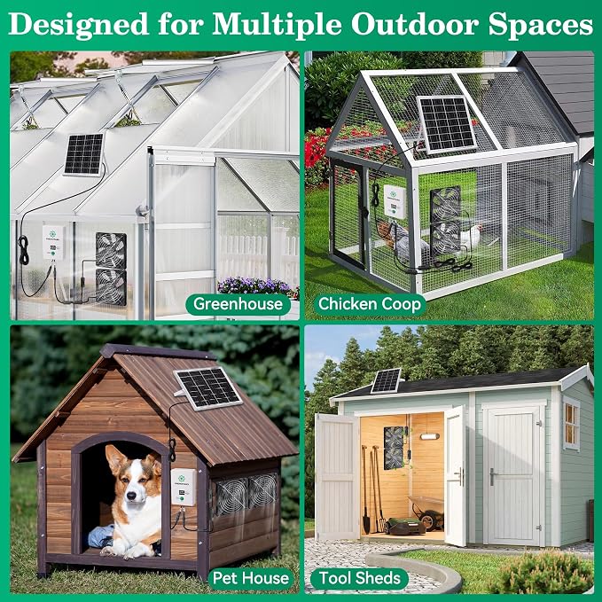 Solar Powered Exhaust Fan with Battery, 25W Solar Panel Dual 5.5 Inch Fans, 450 CFM IPX7 Waterproof Solar Ventilation Fan Kit for Chicken Coop, Greenhouse, Shed, Garage, Dog House