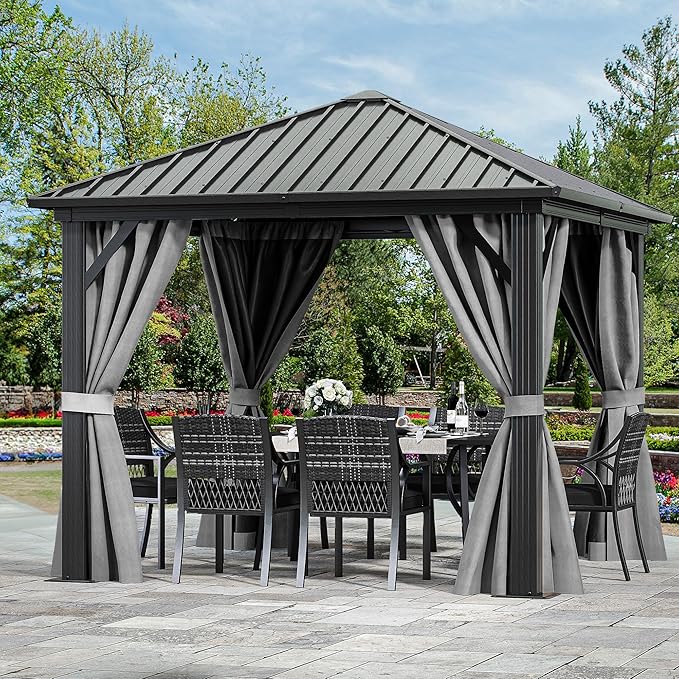 YITAHOME 10x10ft Hardtop Gazebo with Nettings and Curtains, Heavy Duty Galvanized Steel Outdoor Vertical Stripes Roof for Patio, Backyard, Deck, Lawns, Grey