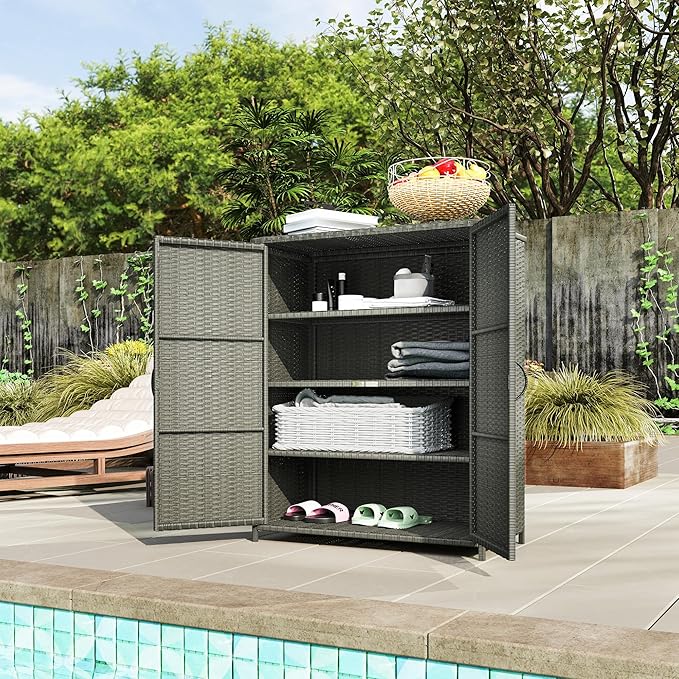 Outsunny Wicker Outdoor Storage Cabinet with Shelves, 4-Shelf Outdoor Pool Towel Cabinet with Two Doors, Rattan Patio Storage Shelves for Garden, Backyard, Porch, Dark Gray