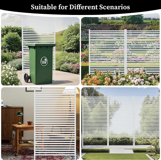 Outdoor Privacy Screen with Stand, Rustproof Metal Fence Panel, 35.43’’x 59.06’’ PE-Coated Steel Slats, Decorative Privacy Fence for Patio, Garden, Backyard, Trash Can, White(1 Panel)