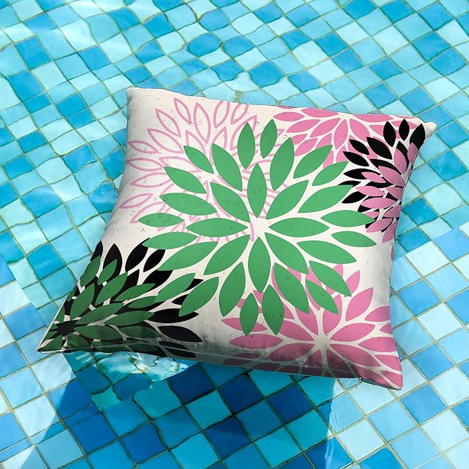 DFXSZ Green Pink Black Flower Pillow Covers 20x20 Inch Set of 2 Outdoor Throw Pillows Outdoor Waterproof Decor for Living Room Sofa Patio Funiture Garden Floral Polyester Pillow Covers 012B20