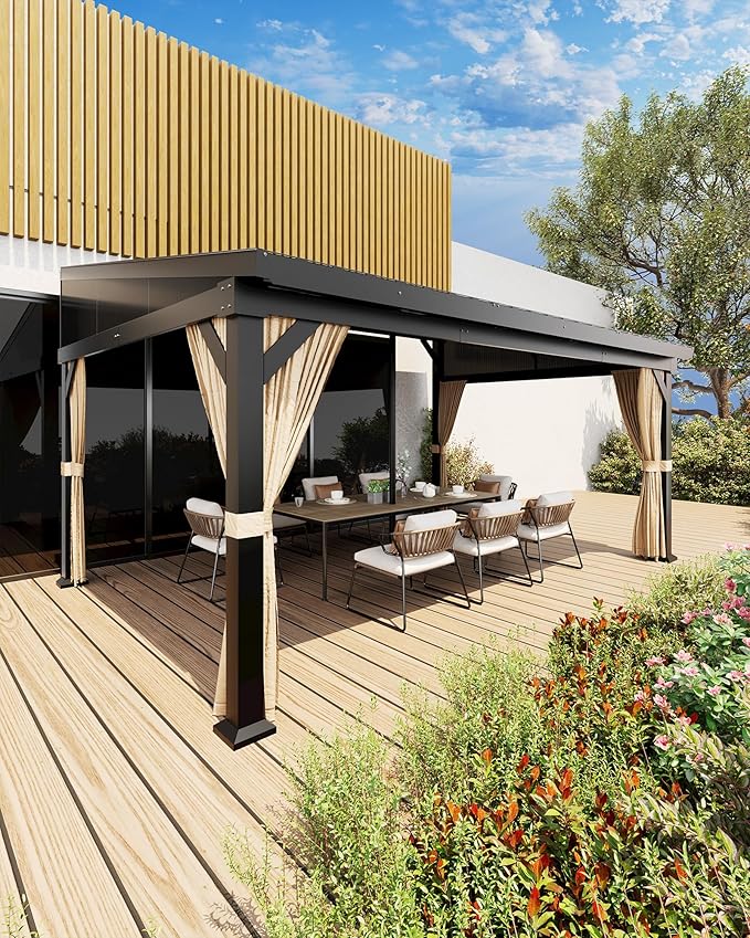 10'x14' Wall-Mounted Lean-to Gazebo with Galvanized Steel Roof, Gutters & Sliding Netting/Curtains β Hardtop Metal Pergola Canopy for Patio, Backyard, Garden, or Carport β Weather-Resistant & Durable