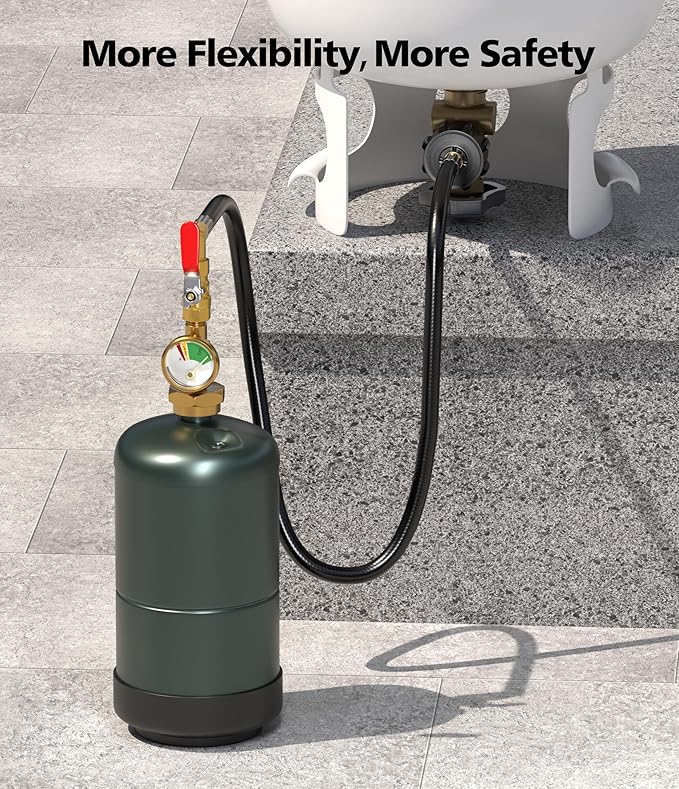 Propane Refill Adapter for 1 lb. Tanks, 3FT Hose with Pressure Gauge & Valve, Heavy-Duty Brass, QCC1/Type1 Connector, Safe Refilling from 20lb Cylinder for Camping