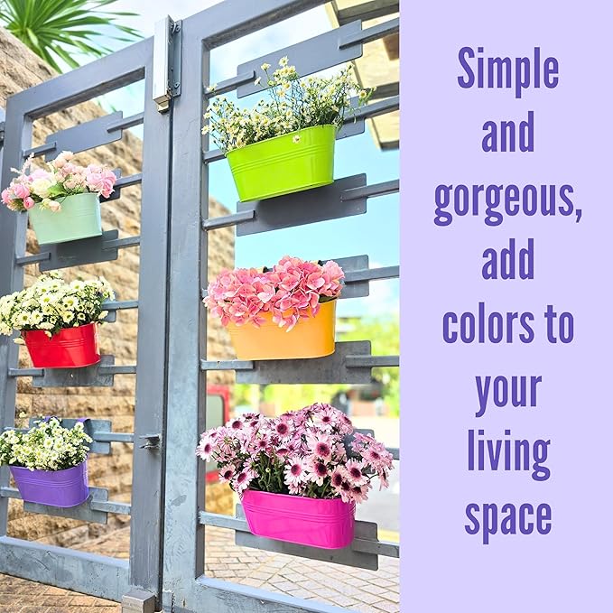LaLaGreen Rail Planter (17 Inch, 6 Pack) Colorful Hanging Flower Railing Fence Balcony Gardening for Apartment Patio Planters Modern Garden Style Metal Iron Outdoor Deck Decoration Porch Decor Pots