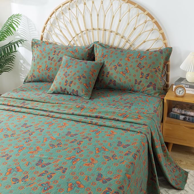 FADFAY Butterfly Sheets Set Queen Vintage Green Red Floral Bedding Shabby Farmhouse Bedding Super Soft Washed Double -Layer Muslin Sheets 100% Cotton Deep Pocket Fitted Sheet 4Pcs, Queen Size