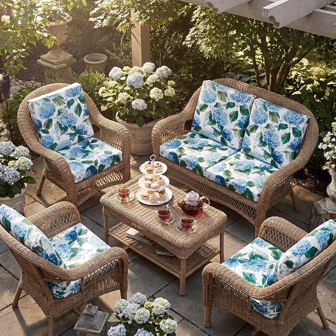 Newwiee 12 Pcs Patio Stretch Outdoor Cushion Covers Sofa Couch Cover Replacement Couch Slipcover Sofa Seat Chair Porch Patio Furniture Protector, Flexibility Washable(Blue Series,Hydrangea)