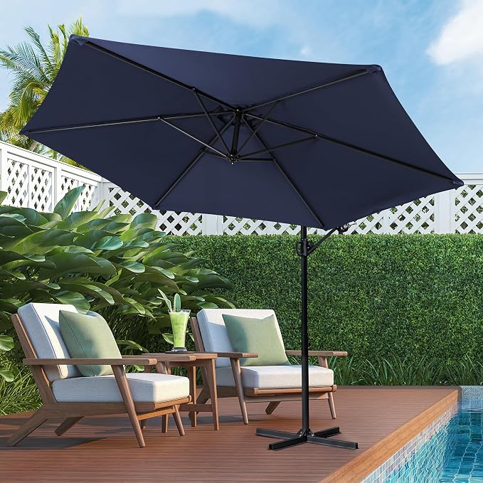 Shintenchi Offset Patio Umbrella with Easy Tilt Adjustment,Crank and Cross Base, Outdoor Cantilever Hanging Umbrella, Sunshade Free Standing Canopy, Navy Blue