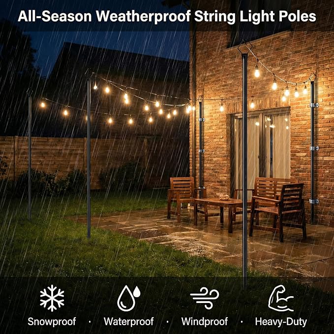 10FT Outdoor String Light Poles 6 Pack, Metal Light Stands with Fence Brackets for Hanging Lights, Patio, Pergola, Garden, Backyard, Yard & Camping Use