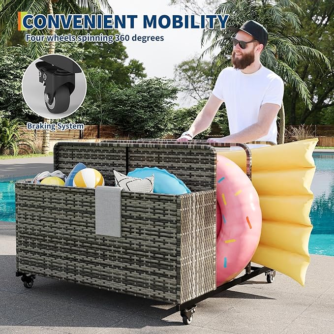 Pool Float Storage Organizer with Rolling Wheels, Outdoor Wicker Rattan Pool Caddy & Toy Storage Basket, All-Weather PE Rattan Holder for Pool Noodles, Life Vests, Beach Balls, Equipment, Patio Deck