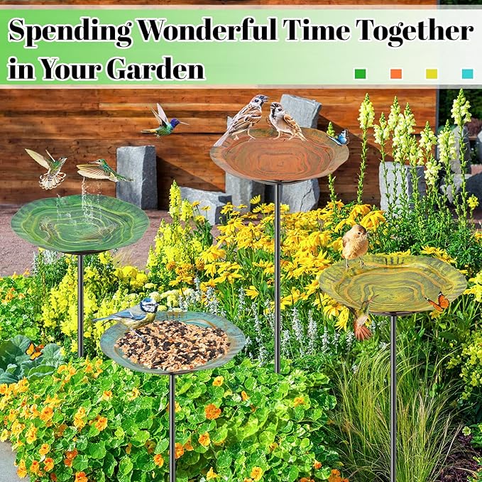 4 PCS Metal Bird Baths for Outdoors, Small Garden Bird Bath with Metal Stake, Hummingbird Feeder for Yard Lawn Decoration (4P-Wave Basin)