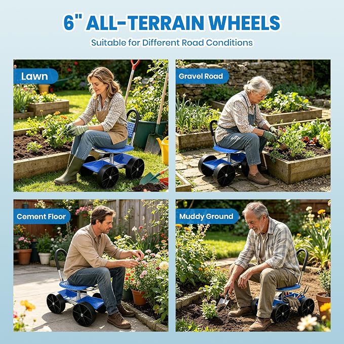 Rolling Garden Cart with 360° Swivel Seat, Garden Stool with Under-Seat Tray, 6” All-terrain Wheels, Height Adjustment, Use for Patio, Yard, and Outdoors, Gardening Gifts for Women, Parents, Seniors