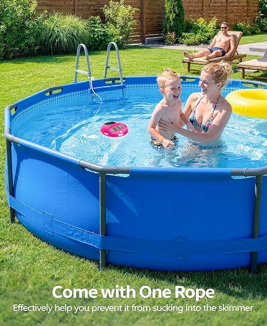 Sinbyuer 2026 Solar Digital Pool Thermometer with Rope | Easy Read Large LCD Display & Big Numbers Floating Pool Thermometer | High Precision & IP68 Waterproof Pools Temperature Gauge for Hot Tub-Pink