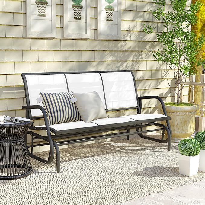 Outsunny 3-Person Patio Glider Bench, Outdoor Porch Glider Swing with 3 Seats, Breathable Mesh Fabric, Metal Frame, Cream White