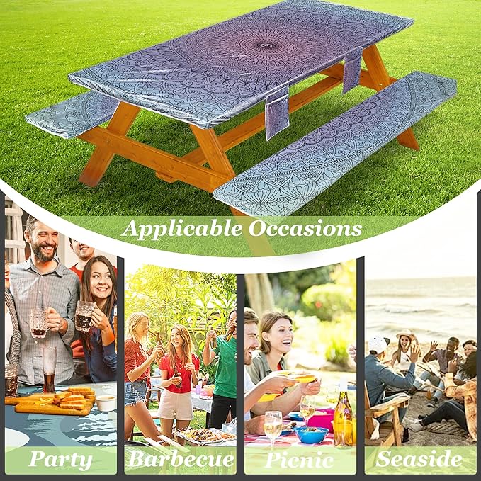 Picnic Table Cover with Bench Covers Vinyl Elastic Edges Fitted Rectangle Seat Tables Waterproof 3-Piece96X30in Set Outdoor Rectangular Folding Backing Tablecloth for Camping Over Size