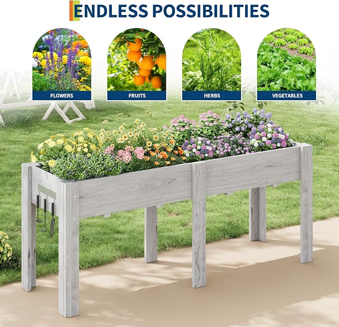 72x 23x30IN Raised Garden Bed Outdoors with High Legs & Hooks, Non-Woven Liner, Elevated Wooden Large Planter Box for Backyard, Patio, Balcony w/Divider Panel, 6 Legs, 300lb Capacity