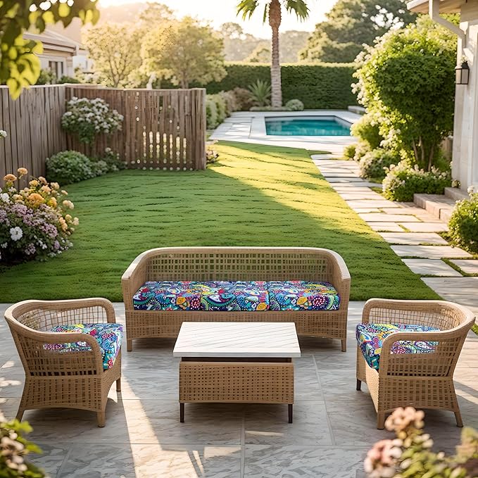 FORCHEER Waterproof Patio Cushion Covers, Boho Printed Stretch Outdoor Cushion Covers for Patio Furniture, Wicker Rattan Sofa Covers Set of 2