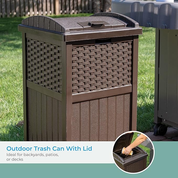Suncast 175 ft. Wicker Style Resin Hose Hideaway with Hose Guide, Java & 33 Gallon Hideaway Can Resin Outdoor Trash with Lid Use in Backyard, Deck, or Patio, 33-Gallon, Brown