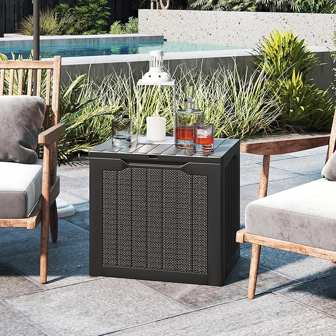 Tangkula 30 Gallon Outdoor Storage Box, Resin Outdoor Storage Bench with Lockable Lid, Waterproof Deck Box for Garden Tools, Pool Accessories, Cushions