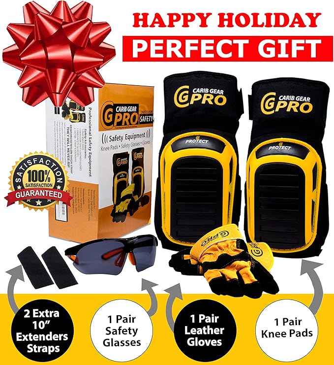 CARIB GEAR PRO USA Work Knee Pads for Men and Women Heavy Duty Double Gel Construction Knee Pads with Anti Slip Straps for Flooring Tiling Gardening Includes Leather Gloves and Safety Glasses