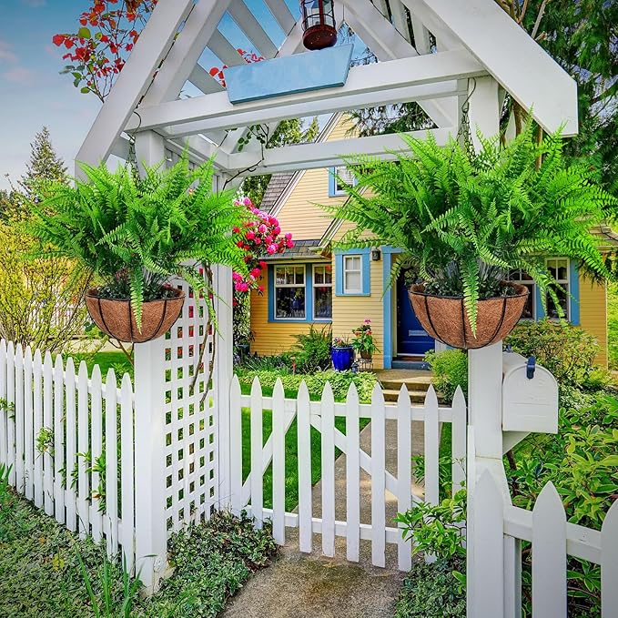 Giegxin 4 Pack Artificial Flowers Outdoor Small Fake Fern Plants 4 Hanging Basket Planters with 30 Pcs Fern Faux UV Resistant Plastic Plants for Front Porch Living Room Garden Decor