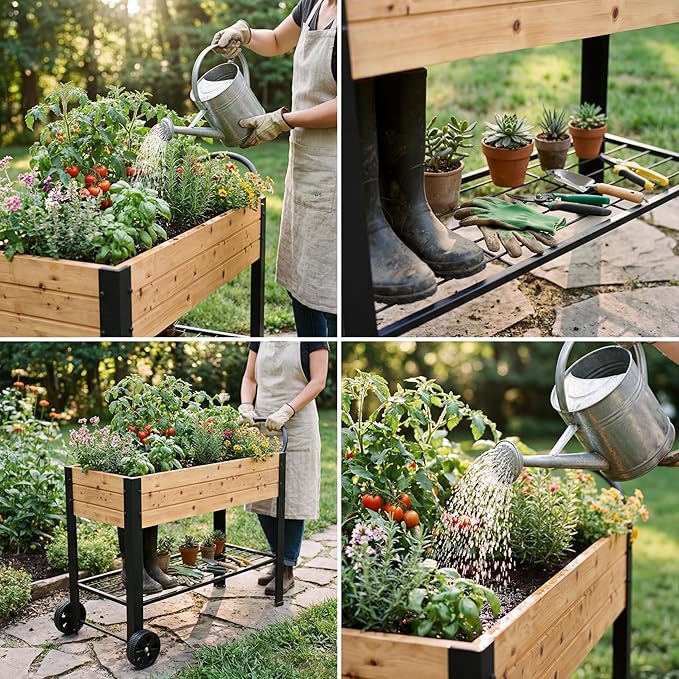 aboxoo Wooden&Metal Large Planter Raised Beds with Legs Outdoor Planter Box on Wheels Elevated Garden Bed for Vegetables Flower Herb Patio (43" L x 12" W x 31.5" H)