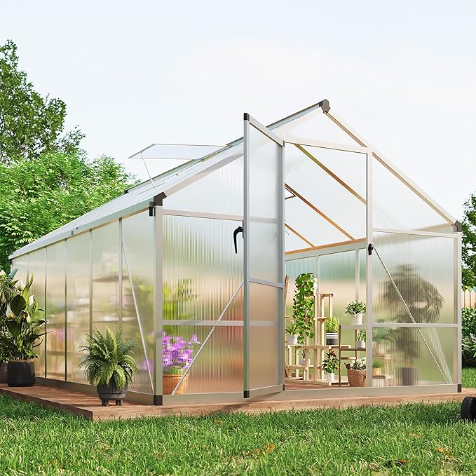 Garvee 8 x 12 ft Greenhouse, Greenhouses for Outside, Polycarbonate Greenhouse with Aluminum Frame, Lockable Door and Ajustable Roof Vent for Backyard, Green Houses for Outside Garden Backyard, Patio