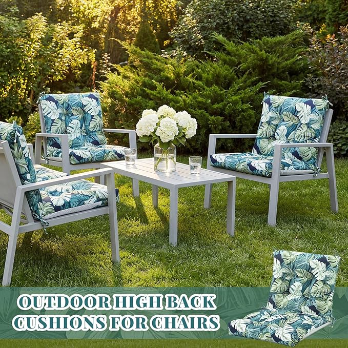 Marsui 4 Pcs Outdoor Indoor High Back Chair Cushions Patio Furniture Tufted Pillow with Ties Water-Resistant Replacement Outdoor Rocking Chair Cushions, 42 x 21 Inches (Green,Leaves)