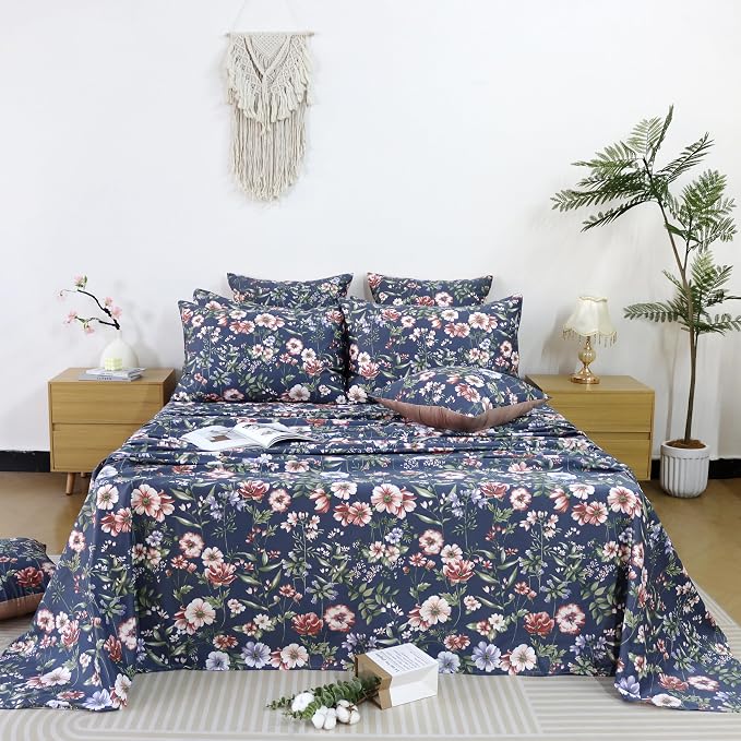 FADFAY Sheets Set Twin Vintage Dark Blue Floral Bedding Shabby Peony Floral Sheets Navy French Country Farmhouse Bedding 800 Thread Count 100% Egyptian Cotton Deep Pocket Fitted Sheet 4Pcs, Twin Size