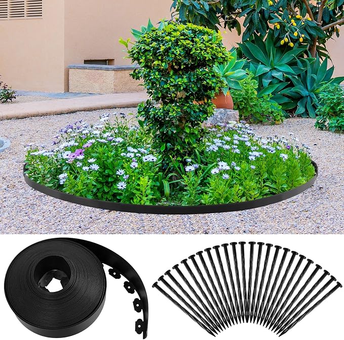 5'' x 100' Landscape Edging Kit Plastic Garden Edging Border Coil Include 90 Anchoring Spikes for Lawn Garden Grass Yard Home School, Black