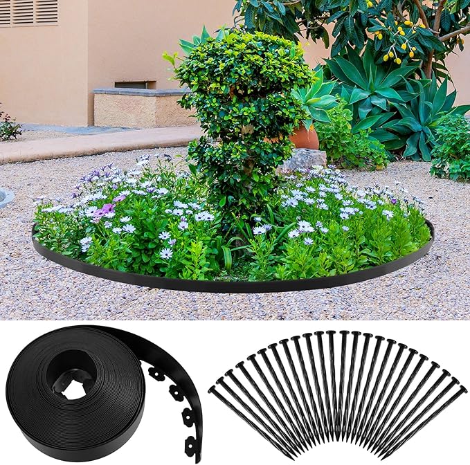6'' x 100' Landscape Edging Kit Plastic Garden Edging Border Coil No Dig Include 90 Anchoring Spikes for Lawn Garden Grass Yard Home School, Black