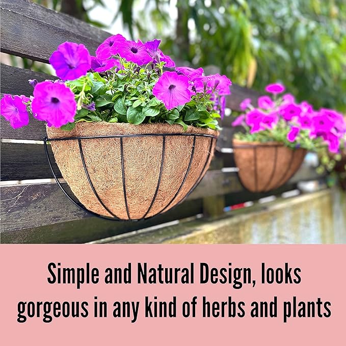 LaLaGreen Wall Planters for Outdoor Plants (2 Pack, 14 Inch) Large Hanging Planter with Coco Liner, Metal Round Wire Flower Basket Outside Fence Railing Plant Pots Holder Deck Porch Balcony Decor