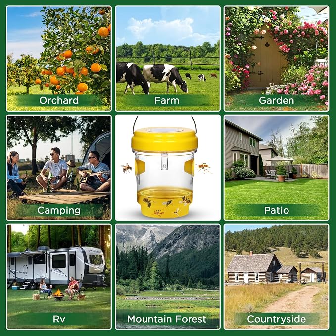 Wasp Trap Solar Powered 4 Packs, 2026 Upgrade Yellow Jacket Trap, Bee Traps Outdoor Hanging, Carpenter Bee Traps for Outside, Flying Insect Trap Reusable Hornet Catcher with LED Light