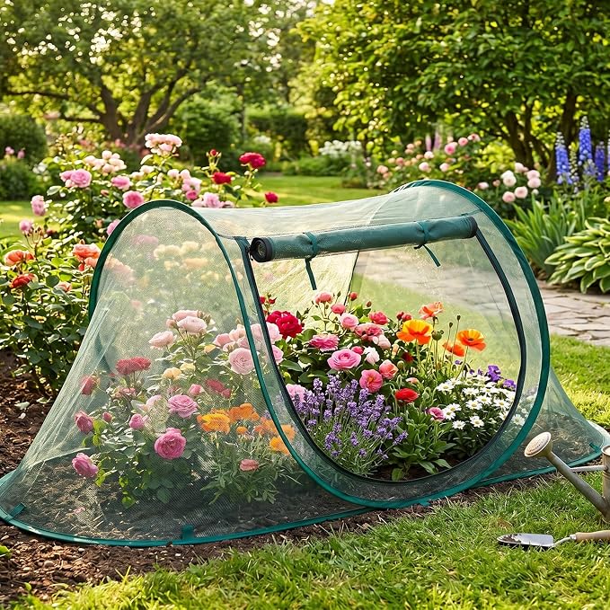Threehoney 3 Pcs 70" x 24" x 24" Large Pop up Garden Mesh Plant Cover Adjustable Plant Netting Cover Vegetable Mesh Protector Net Cage Guard with 18 Ground Nails for Protecting Vegetables Fruits