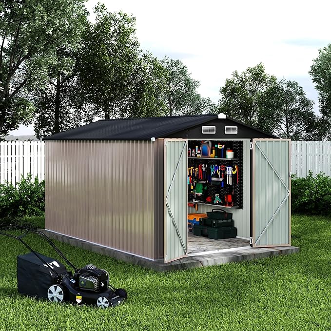 8x12 FT Outdoor Storage Shed, Heavy-Duty Waterproof Metal Tool Storage Shed with Lockable Door, Vents and Sloped Roof for Backyard, Patio