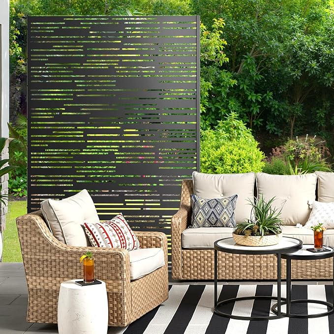 Metal Privacy Screen for Outdoor & Indoor Use, Free Standing Privacy Screen for Patio Garden Pool, 72" H x 47" W Decoative Privacy Panels, Weather Resistant, Easy Assembly (Black Shine)