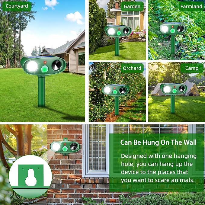 2Pack Upgraded Ultrasonic Deer Repellent for Plants Solar Animal Repellent Outdoor with Motion Sensor Strobe Light for Rabbit Cat Deterrent Raccoon Squirrel Fortress Pro Keep Pests Out of Yard Farm