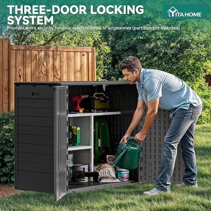 YITAHOME Outdoor Storage Shed w/o Shelf, 30 cu ft Horizontal Storage Shed Outdoor, Resin Waterproof Storage Cabinet for Garage, Poolside, Bikes, and Garden (Dark Gray + Black)