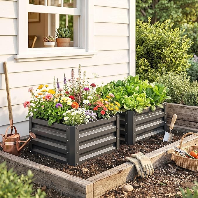 Outsunny 2 Piece Galvanized Raised Garden Bed, 2' x 2' x 1' Metal Planter Box for Growing Vegetables, Flowers, Herbs, Succulents, Dark Gray