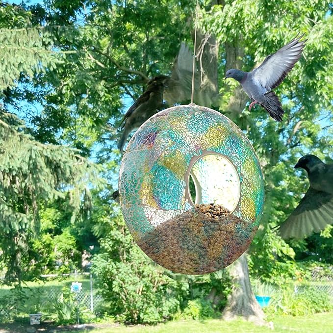 DUSVALLY 9" H Round Fly Through Bird Feeder Squirrel Proof for Garden Wild Seed, Crackled Glass Mosaic Outdoor Hanging Feeder for Bird Lovers, Blue & Yellow