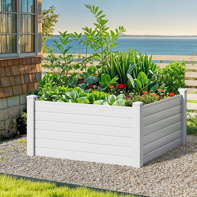 DWVO 4 x 4 x 2 FT Raised Garden Bed, Outdoor Vinyl Flower Bed with Growth Grid, Large Plastic Planter Box for Vegetables, Flowers, Herbs, Fruits, White