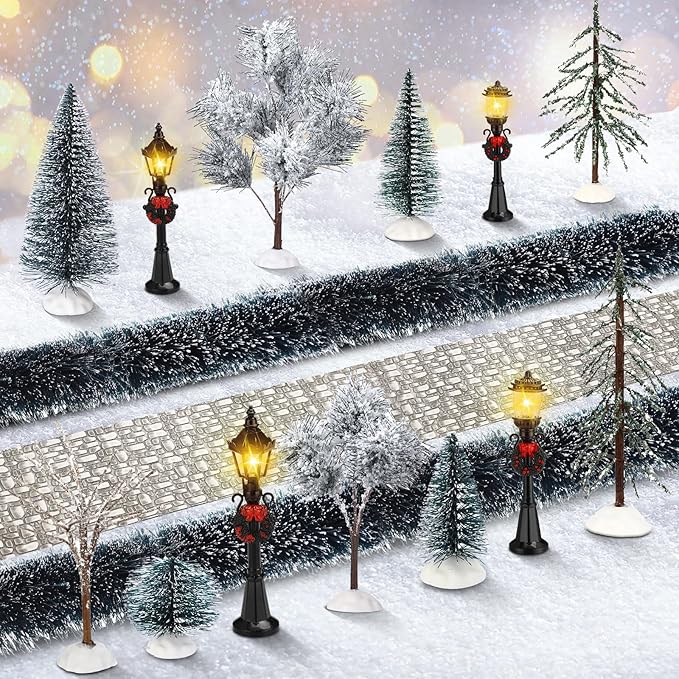 Hotop 18pc Christmas Village Accessories 47.2 Inch Village Roads Mini Snowy Trees Streets Light Lamppost Hedge Figurines Set for Display Winter Holiday Decorations DIY Crafts No Batteries(Trendy)